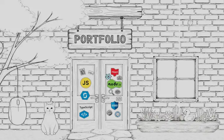 A casa do portfólio, desenhada a traço, com a placa Portfolio sobre a porta